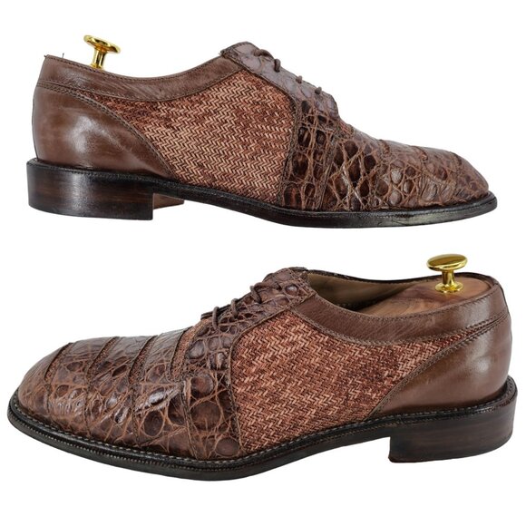 R. Martegani Italy Exotic Alligator and Woven Fabric Brown Dress Shoes Mens 9.5M - Picture 6 of 11